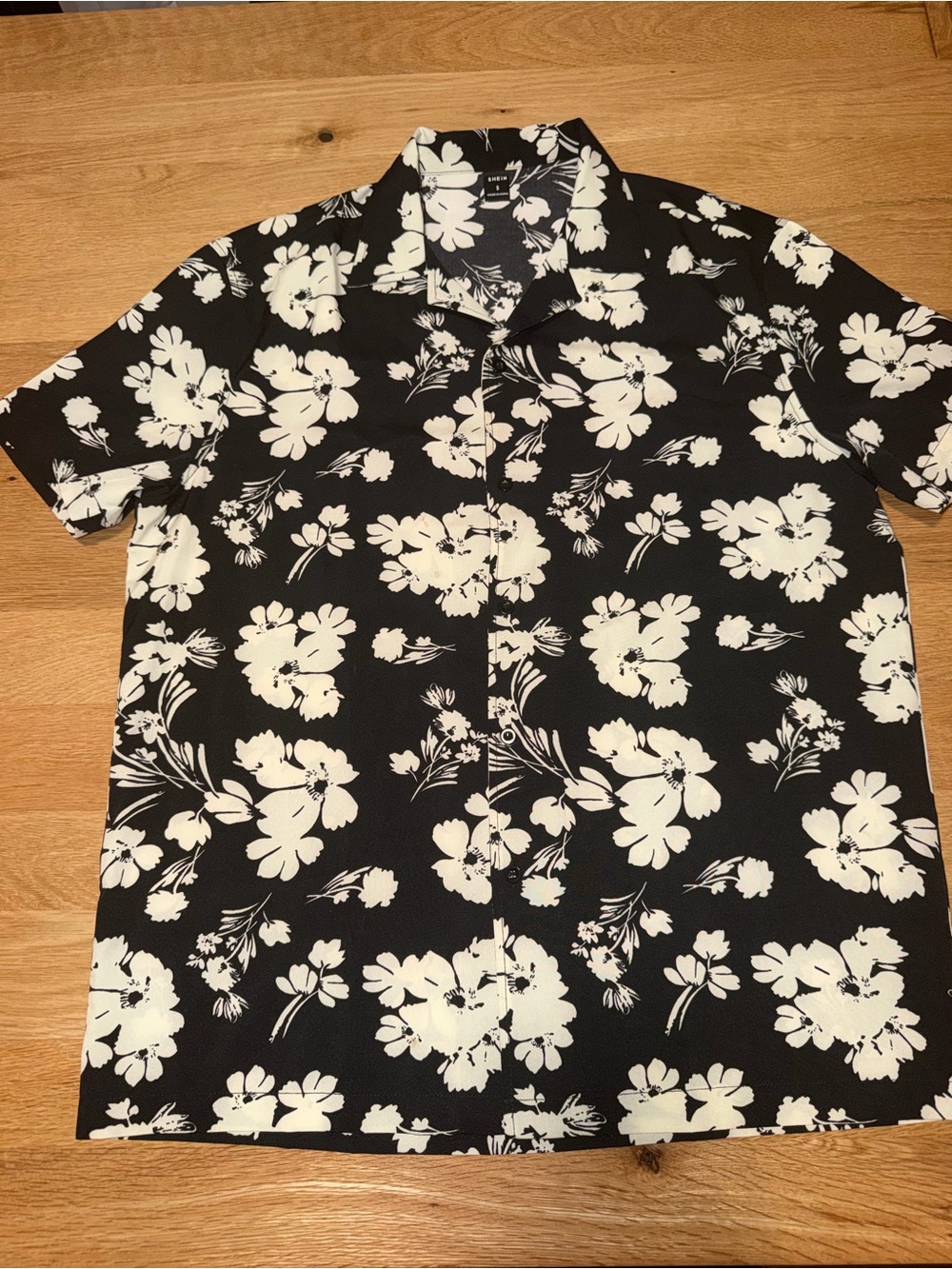SHEIN Black Short-Sleeve Button-Down Shirt with White Floral Print